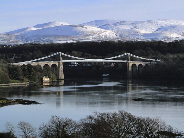 Menai Suspension Bridge between the island of Anglesey and the mainland of Wales 