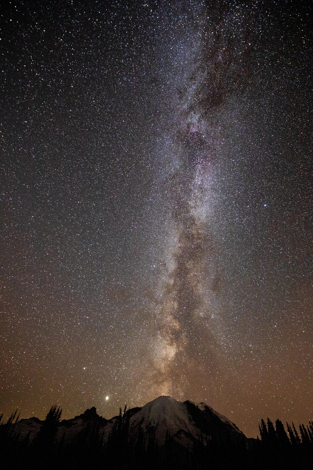 Milky Way Galaxy erupting from Mount Rainier  OC -