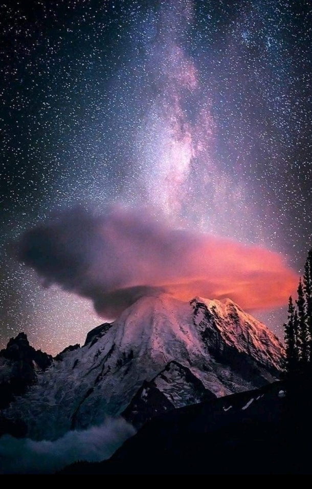Milky Way Over Mt Rainer with lenticular cloud formation Washington State USA