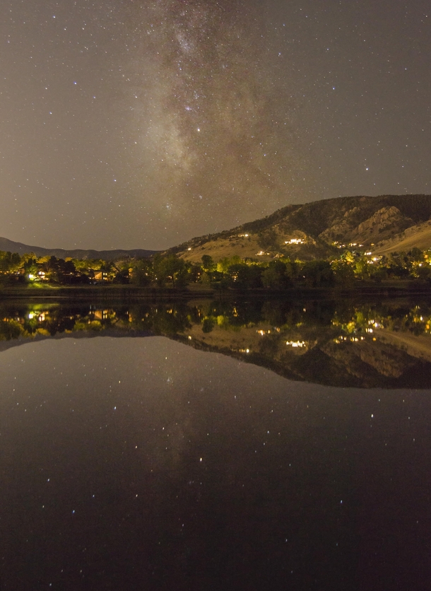Milky Way reflections over Wonderland Lake in Boulder with a lot of light pollution 