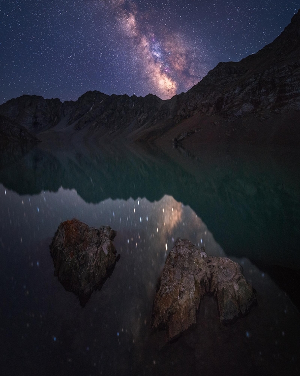 Milkyway reflecting in the crystal clear Ala-Kul lake at m altitude no bullshit composite Kyrgyzstan x