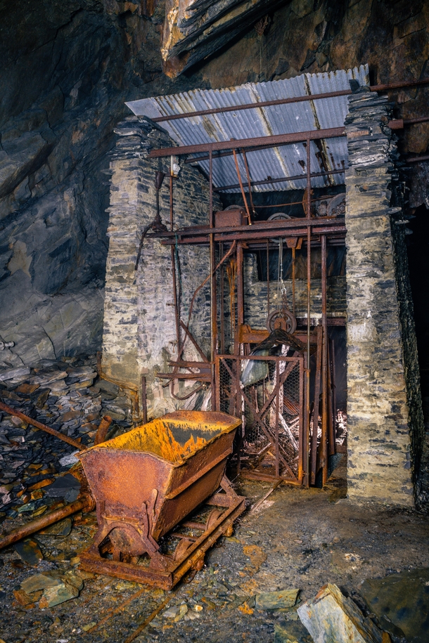 Mine cart amp elevator shaft I found in a slate mine somewhere in Belgium OC