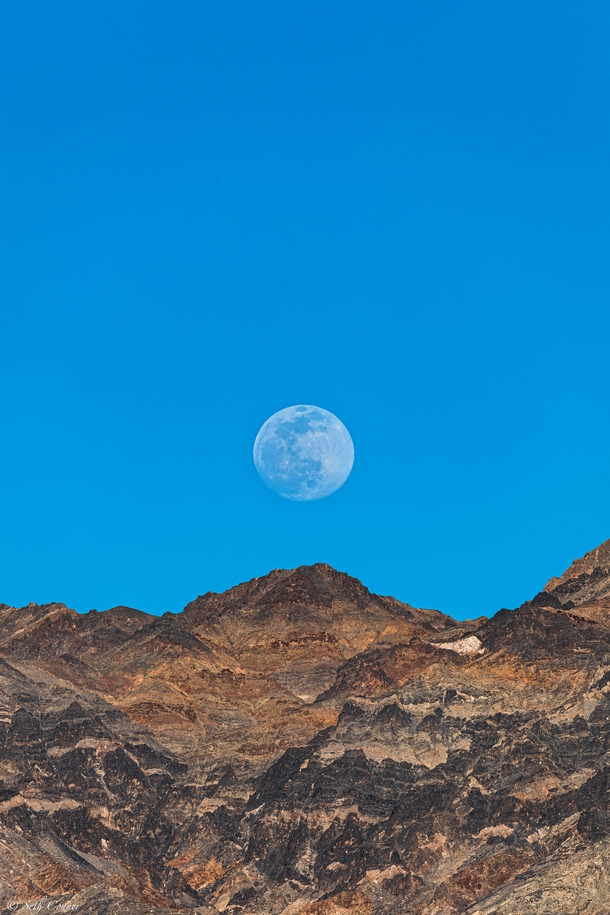 Minimalist shot of the nearly full moon rising over the Funeral Range at sunset Death Valley CA OC  dendronaut