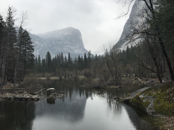 Mirror Lake reflecting the cliffs of Yosemite 