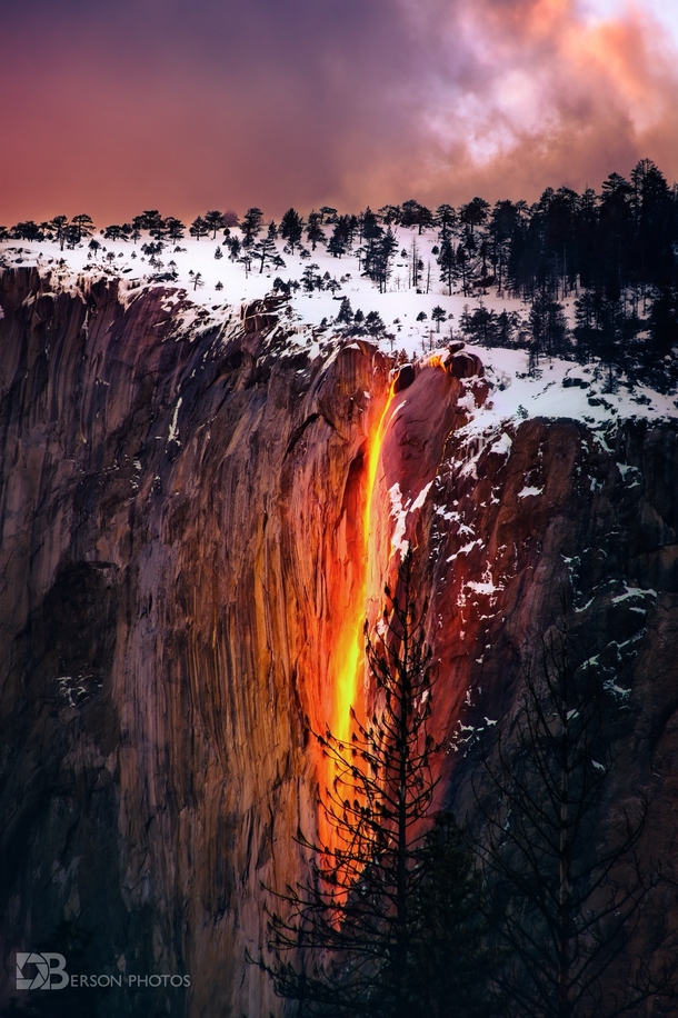 Molten Water - under perfect conditions each year water can turn to molten rock okay I am lying Its the Horsetail Falls Firefall event at Yosemite again  - IG BersonPhotos