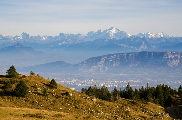 Mont Blanc is massive even from  km away - view from the Jura mountains Ain France 