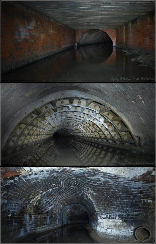 Montage of images of the culverting of Corn Brook which flows beneath Manchester England selected so as mximally to show the diversity of architecture of it in just three pictures