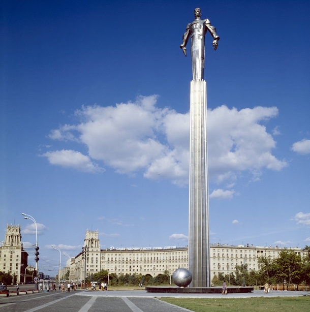 Monument in honor of Yuri Gagarin the first man in space when his Vostok spacecraft completed an orbit of the Earth in  The solid titanium monument is located in Moscow