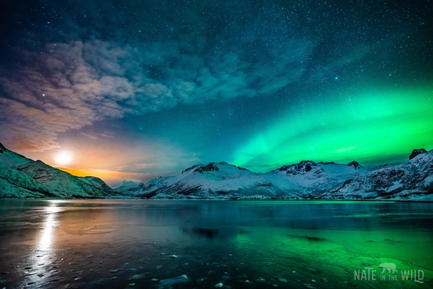 Moonrise and Northern Lights Over Svolvr Norway 