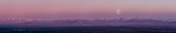 Moonset at Sunrise behind the Southern Alps Canterbury New Zealand 