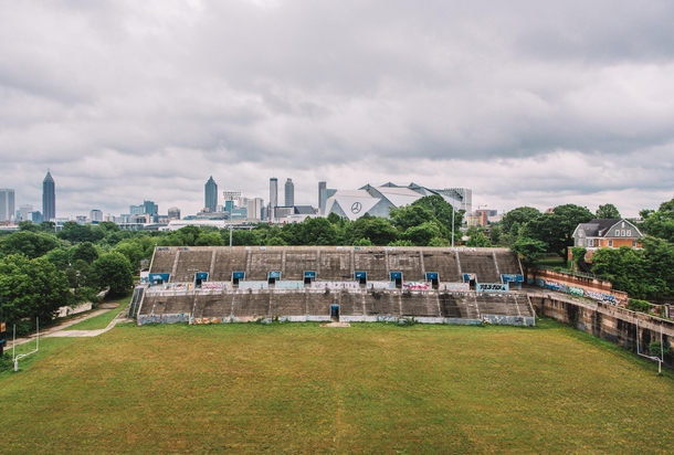 Morris Brown Football Stadium overlooking Mercedes Benz Stadium where the Falcons play