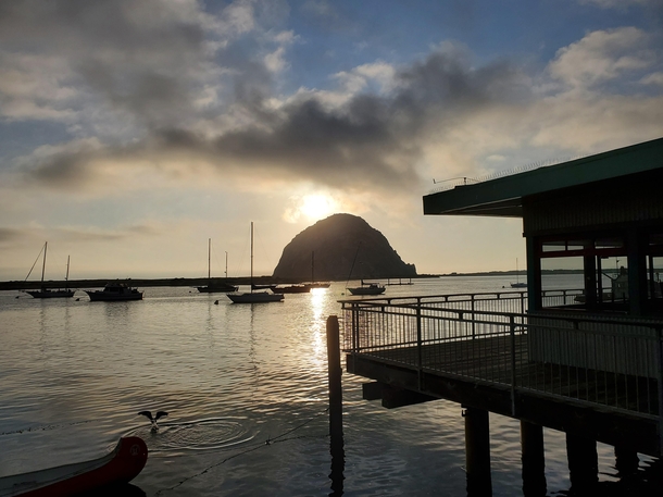 Morro Rock is a volcanic plug in Morro Bay California on the Pacific Coast at the entrance to Morro Bay harbor OC 