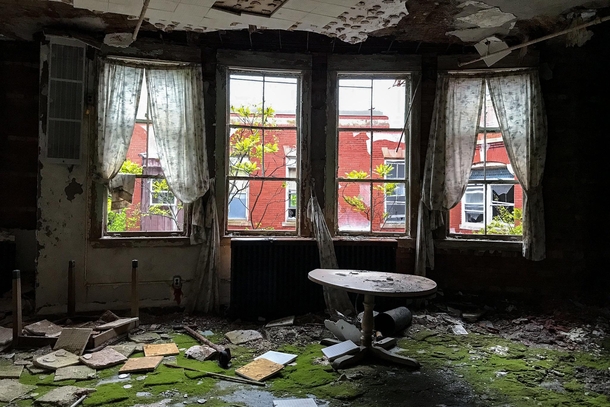 Moss covered dining area of an abandoned tuberculosis hospital