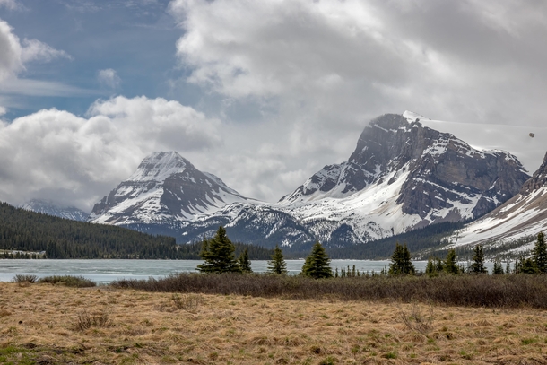 Most stunning scenery Ive ever seen Bow Lake Banff NP Check out that wall of snow on the right