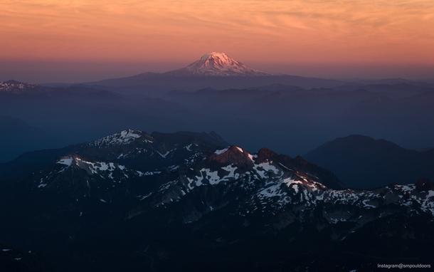 Mount Adams catching the sunset seen from base camp at Mount Rainier OC 