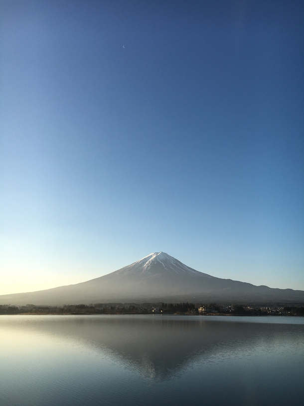 Mount Fuji Japan from Lake Kawaguchi at sunrise on a clear morning a week ago 