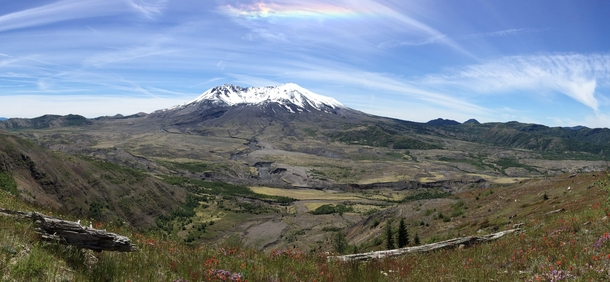 Mount St Helens  Complete with spring flowers fallen trees from the  eruption and a rainbow over head from the snow glare Arguably my best photo 