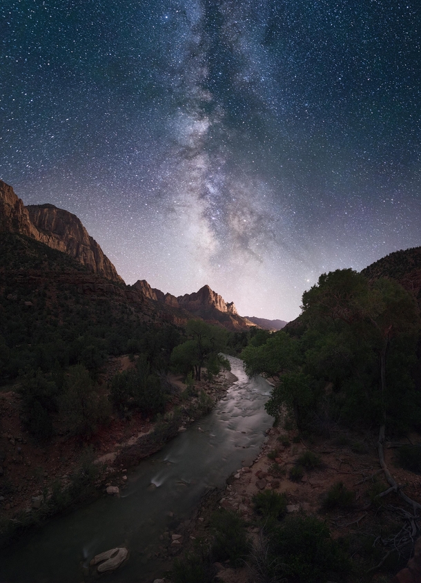 Mountains Canyon and a Creek Under the Milky Way Galaxy at Zion National Park in Utah -- 