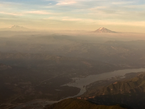 Mt Adams and Mt St Helens at sunset from the air Portland OR 