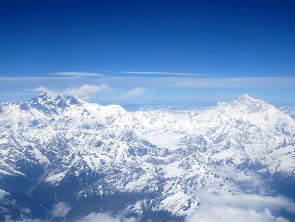 Mt Everest as viewed from the airplane window when flying from Kathmandu Nepal to Lhasa Tibet  x