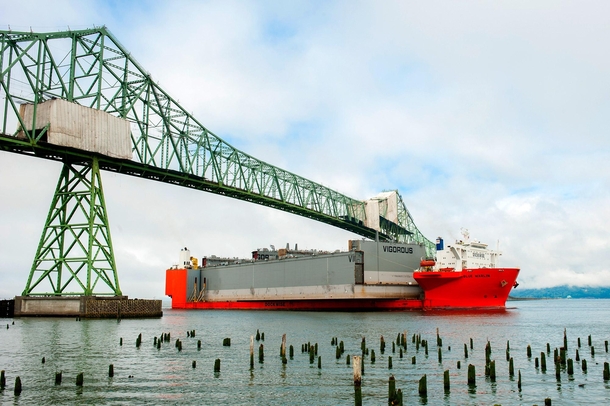 MV Marlin carries the largest floating drydock in the US Vigorous under the Astoria-Megler Bridge enroute to Portland Oregon   x-post rdrydockporn