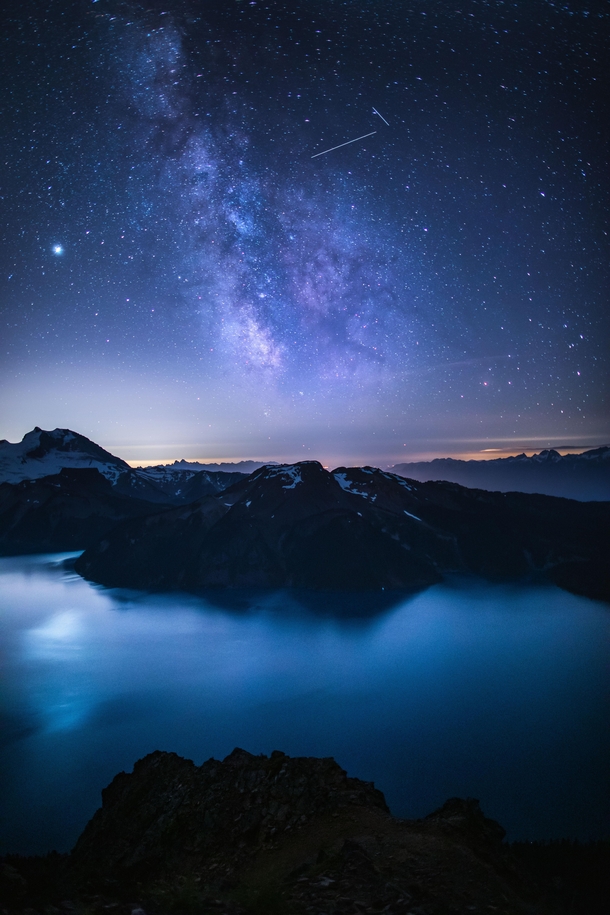 My favourite night of  Hiking in the dark led by headlamp to expose the Milky Way high above Garabaldi Lake Panorama Ridge British Columbia 