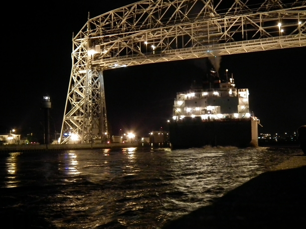 Never allowed a rest the Duluth Arial Lift Bridge operator rises for freighter James R Barker at am xpost rboatporn 