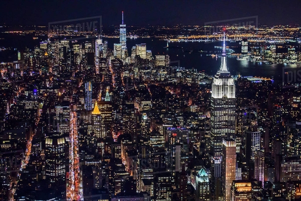New York City Manhattan Aerial view of illuminated skyline at night