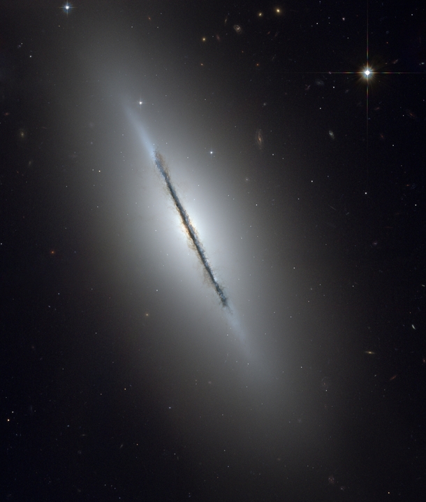 NGC  also called the Spindle Galaxy or Messier  is a relatively bright lenticular or spiral galaxy in the constellation Draco One of the most outstanding features of NGC  is the extended dust disk which is seen exactly edge-on 