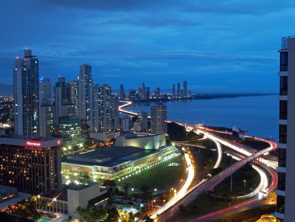 Night view over Panama City 