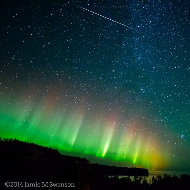 North of Silver Bay Minnesota USA Auroras and Meteor    Photographed by Jamie M Swanson 