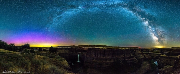 Northern Lights under The Milky Way at Palouse Falls WA by Kevin Roylance 