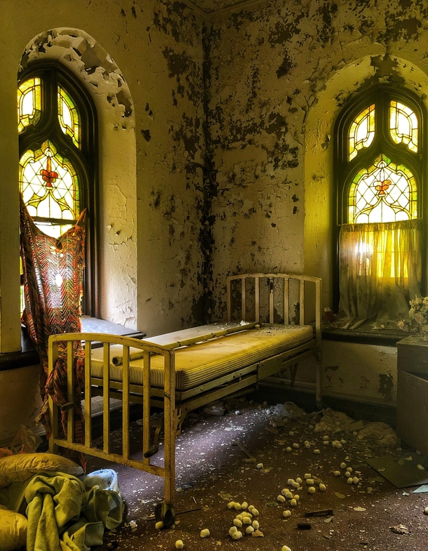 Nurses office in an abandoned church in St Louis Those are cotton balls on the floor