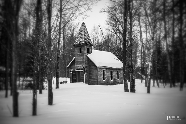 OC  Abandoned little church tucked away in the forest I snapped this shot during a snowstorm earlier this year Maybe Ill post more of it