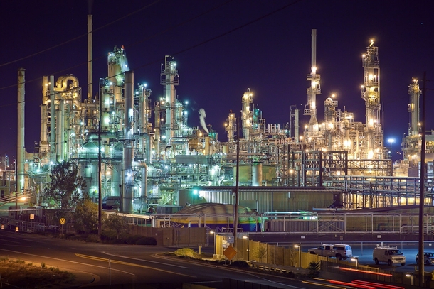 Oil refinery at night near Denver 