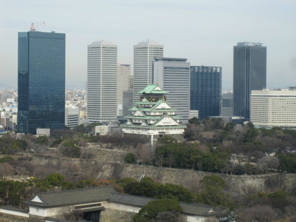 Old and New Contrasted in Osaka Japan - Captured from th floor of Osaka Museum of History 