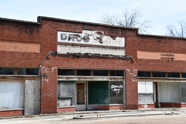 Old drug store in Merigold Mississippi population down  in last  years