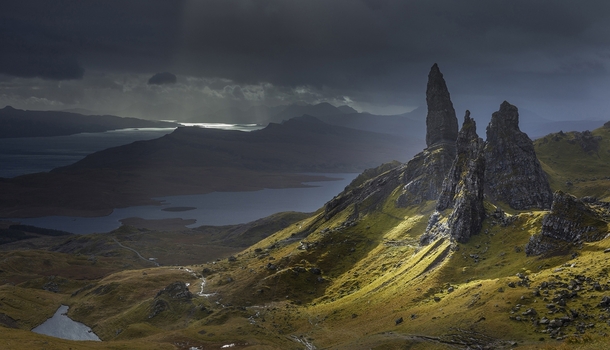 On a stormy autumn day a fleeting shaft of light illuminates the Old Man of Storr and other pinnacles of the Trotternish Ridge on the Isle of Skye Scotland  Garry Ridsdale  Smithsoniancom 