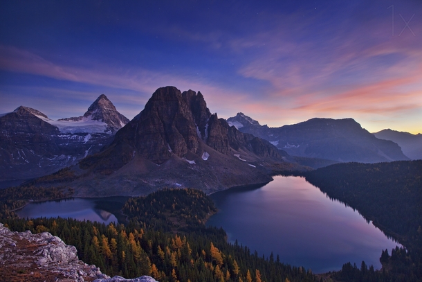 One hour after sunset the magnificent twilight illuminated on Mount Assiniboine  photo by Yan Zhang