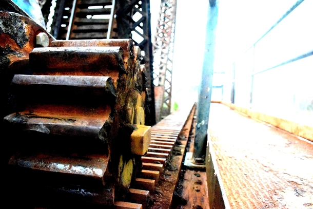One of over  unique cog wheels on an abandoned train trestle bridge that was built in 