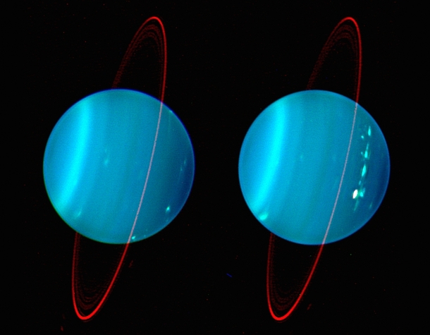 One of the best infrared pictures of Uranus showing its two hemispheres its atmospheric features and its rings 