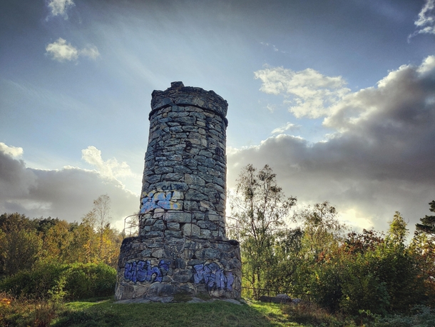 One tower of Tureborg Castle in Uddevalla West coast of Sweden The castle was built - by local business man and politician Ture Malmgren and it had over  rooms bowling alley dungeon and several towers Wooden parts burned up in  Local kids love this place 