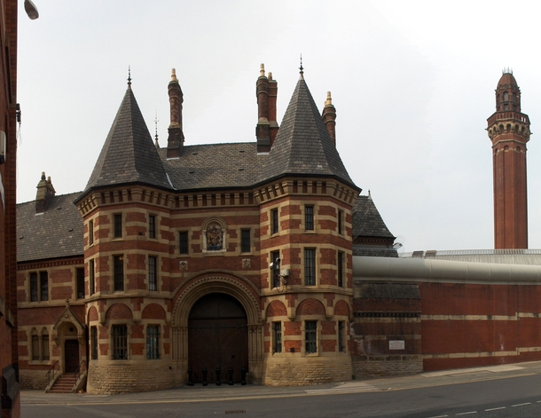 Ornate entrance and tower of HM Prison Manchester Strangeways opened in  