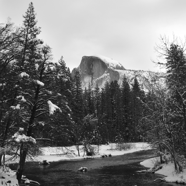 overdone but understandably so -- Half Dome and Merced River with fresh snow 