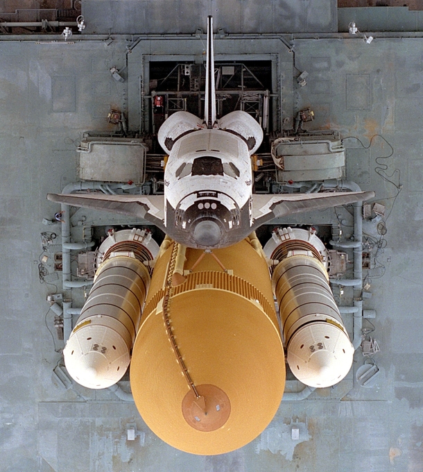 Overhead view of Space Shuttle Atlantis on the Mobile Launcher Platform as it traveled to Launch Pad A from the Vehicle Assembly Building Atlantis lifted off on Mission STS- on September   