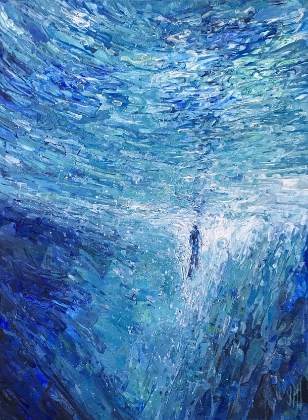Painting I did of a diver tried to capture the ocean movement 