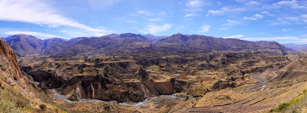 Panorama of ancient terraces in Colca Valley Peru 