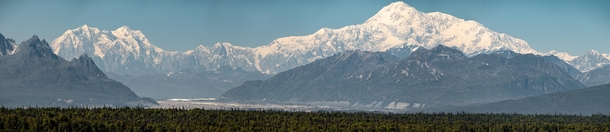 Panorama of Denali and Mt Foraker Alaska USA August  On my last day in Alaska I happened to check the aviation cloud forecasts and saw reports of clear skies Drove  hrs round trip just to see and photograph this majestic mountain 