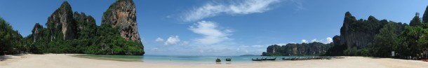 Panorama of Railay Beach Thailand - Only accessible by boat due to the high limestone cliffs cutting off mainland access 