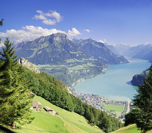 Panorama of the lake resort village of Brunnen Switzerland July  by Hannes Rst  rHI_Res link in comments